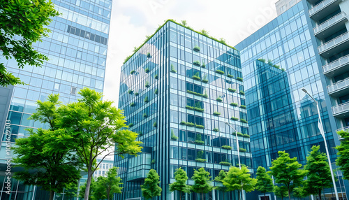 Eco-friendly building in modern city. Sustainable glass office building with trees for reducing carbon dioxide. Office building with green environment. Corporate building reduce CO2. Net zero emissi photo