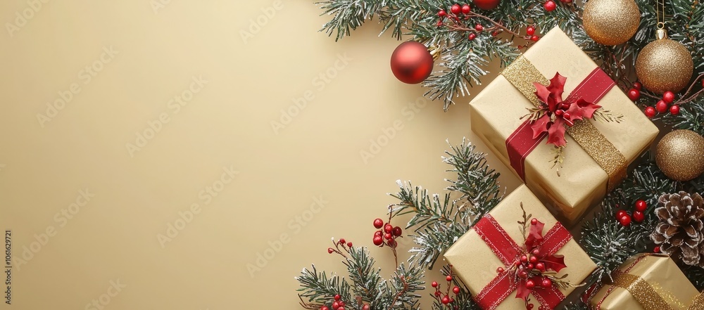 Decorative gift boxes surrounded by festive greenery and ornaments for a joyful holiday celebration