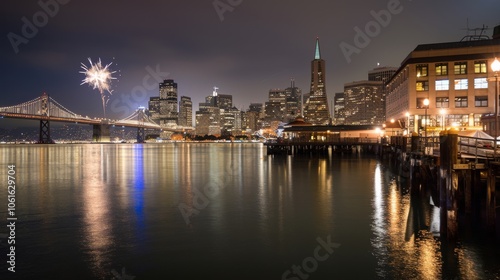 City skyline and fireworks reflect on a calm river at night, encapsulating urban festivity and serene waterfront views.