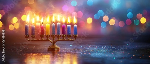 A colorful menorah lit for Hanukkah with glowing candles against a blurred backdrop of festive lights