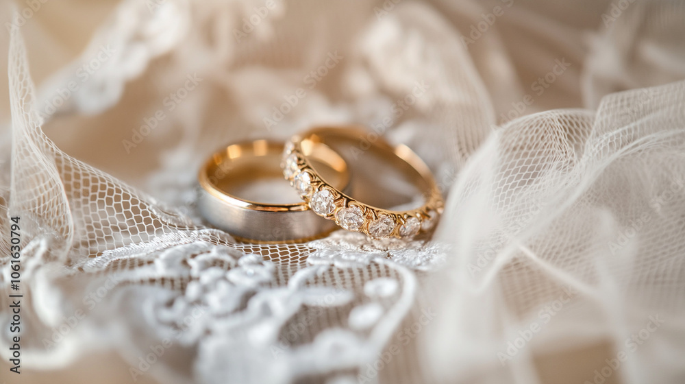 Elegant wedding rings placed delicately on delicate lace fabric, symbolizing love and commitment during a romantic ceremony Elegant wedding rings placed delicately on delicate lace fabric, symbolizing love and commitment during a romantic ceremony