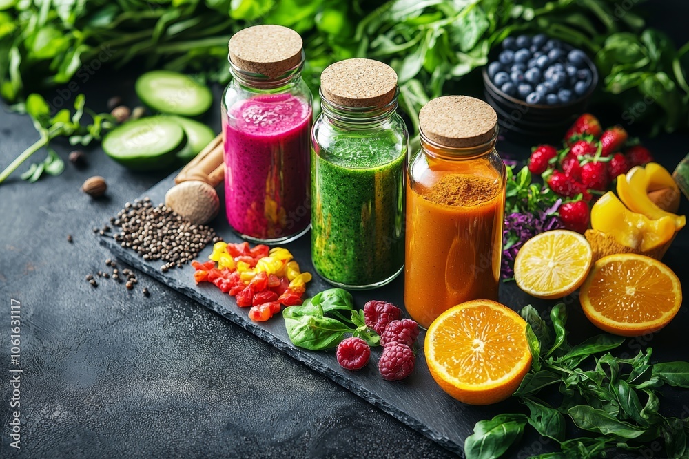 Vibrant smoothie jars surrounded by fresh fruits, vegetables, and superfoods on a dark countertop in a cozy kitchen setting Vibrant smoothie jars surrounded by fresh fruits, vegetables, and superfoods on a dark countertop in a cozy kitchen setting