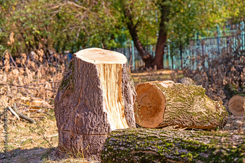 weathered stump stands as a silent witness to nature's cycle in the park, symbolizing the delicate balance between growth and decay, nature's resilience, and the passage of time photo