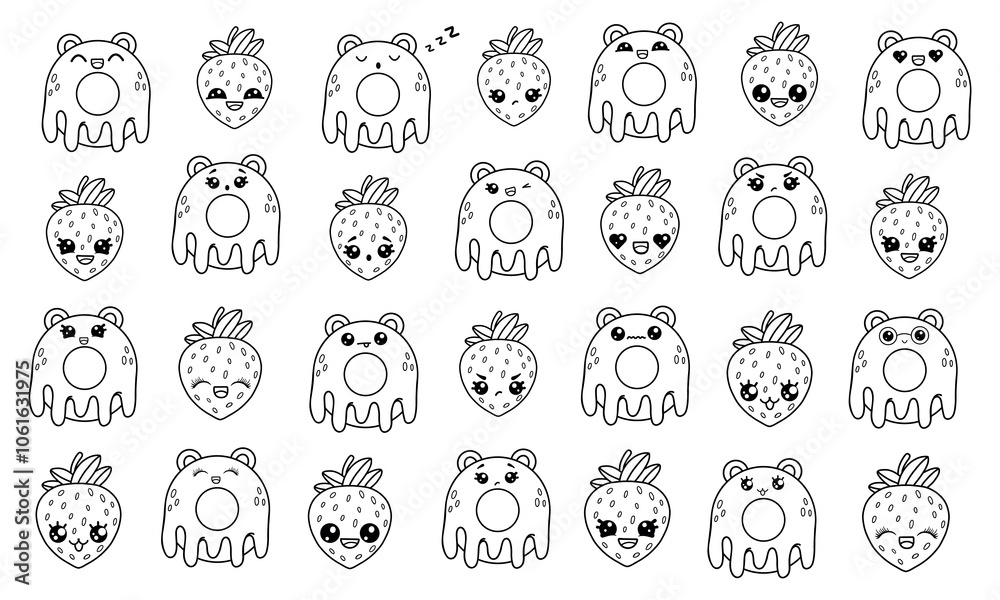 Cute big children's collection of coloring pages in kawaii style.Isolated food vector illustration Cute big children's collection of coloring pages in kawaii style.Isolated food vector illustration