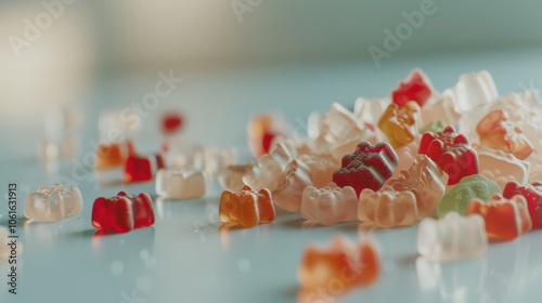 Gummy bears splay across a smooth surface, their vibrant colors and fruity shapes brightening the setting. photo