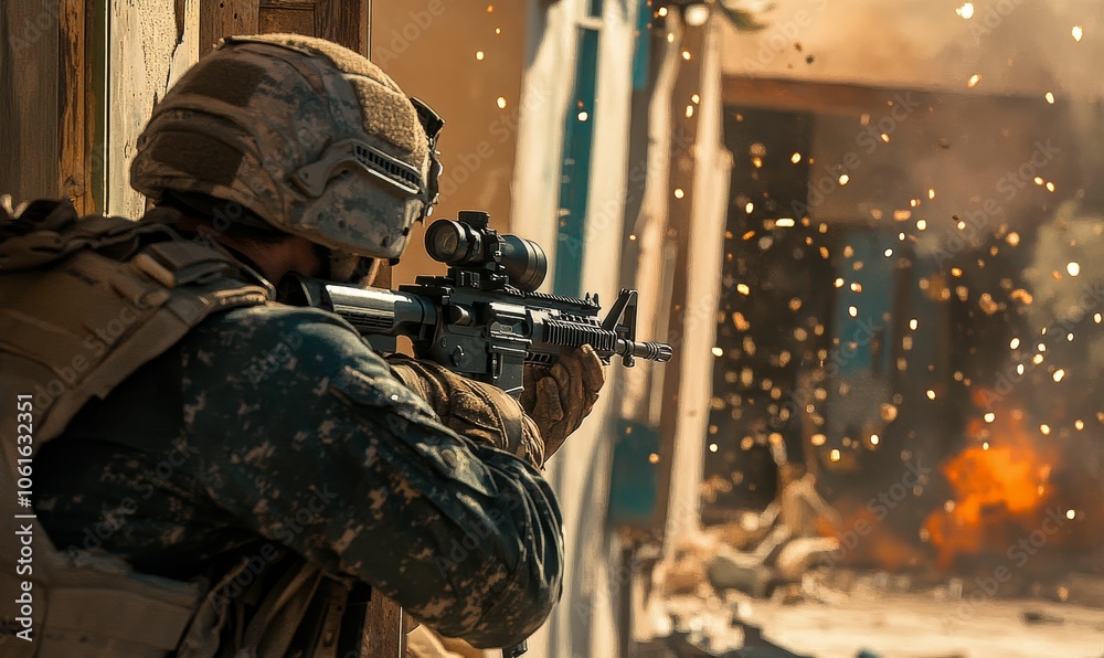 Fototapeta premium Soldier aiming rifle with explosion in background.