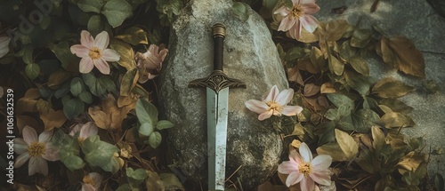 Fototapeta Naklejka Na Ścianę i Meble -  A mystical sword rests amid delicate flowers and rocks, evoking a sense of adventure and fantasy.