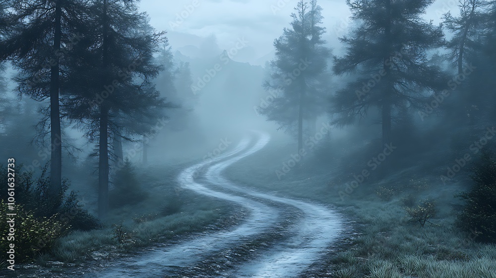 Winding road through the misty forest a serene Winding road through the misty forest a serene