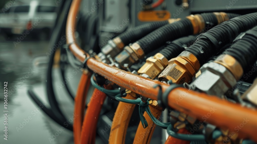 Fototapeta premium A close-up of colorful hoses and cables on machinery captures an industrial scene filled with intricate details and mechanical complexity.