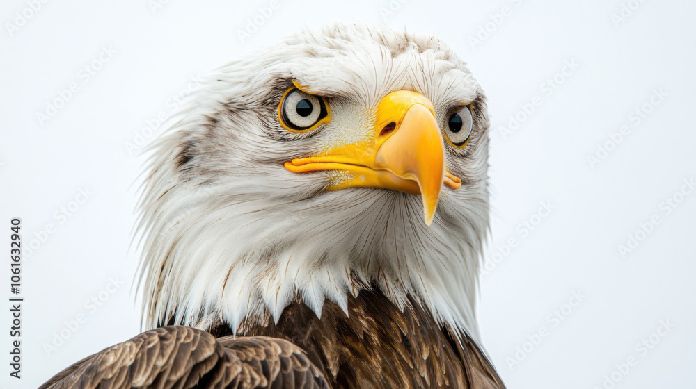A close-up of a bald eagle turning its head, isolated on a white background. A close-up of a bald eagle turning its head, isolated on a white background.