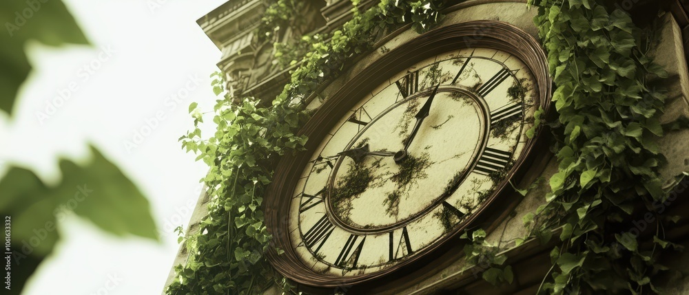 Fototapeta premium A close-up view of an ivy-covered clock, showcasing an antique design with Roman numerals, hinting at the passage of time and nature's embrace.