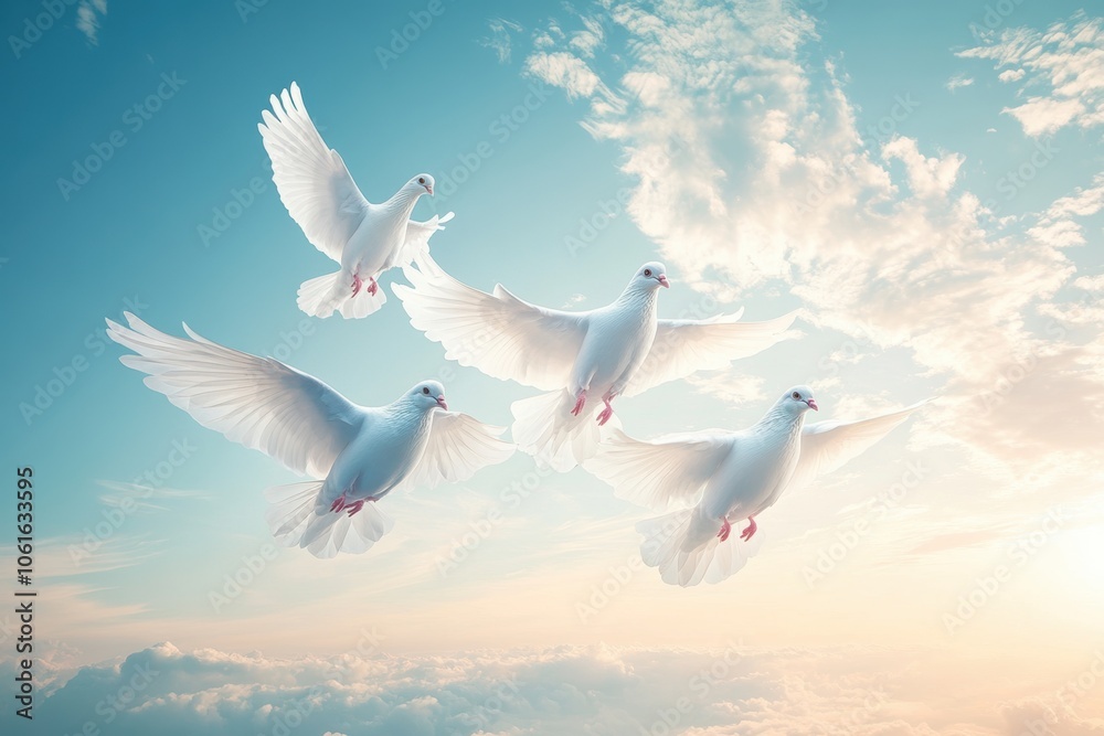 peaceful dove dance, white doves gracefully dance across the twilight sky, symbolizing peace and purity in a celestial ballet