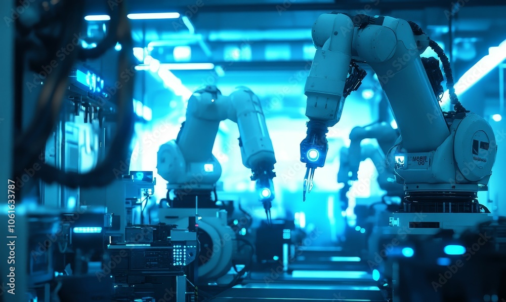 Industrial robots in blue lit factory. Industrial robots in blue lit factory.