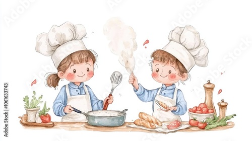 Kids cooking together in a kitchen, fun and cheerful atmosphere, white isolate background