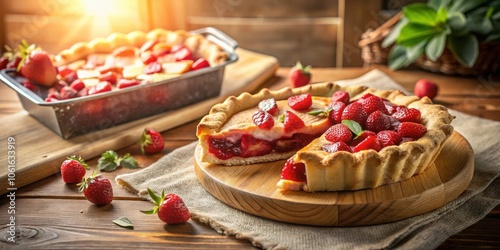 A delicious strawberry pie with a flaky crust and a creamy filling, ready to be devoured on a rustic wooden table.