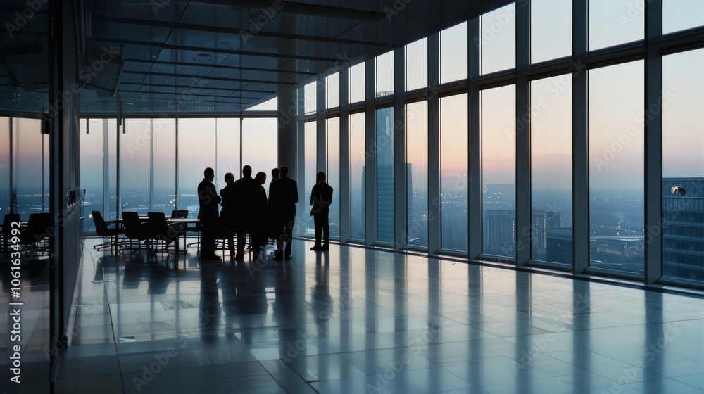 Silhouetted business team gathers in a sleek, modern office with panoramic city views, planning at dawn. Silhouetted business team gathers in a sleek, modern office with panoramic city views, planning at dawn.