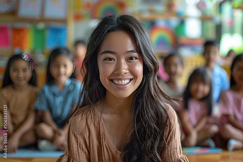 A smiling woman in a classroom setting with children in the background. A smiling woman in a classroom setting with children in the background.