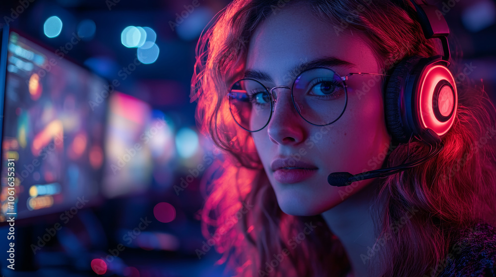 Gaming enthusiast with headset in vibrant tech infused environment, showcasing advanced gaming setup and immersive atmosphere Gaming enthusiast with headset in vibrant tech infused environment, showcasing advanced gaming setup and immersive atmosphere