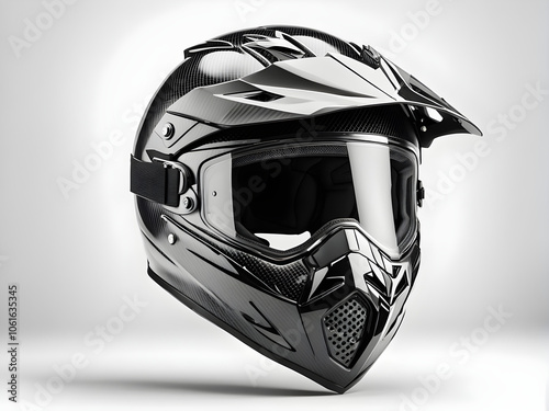 Black carbon motorcycle helmet. Offroad motocross helmet with shield isolated on white background.