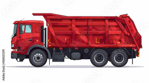 Red dump truck with three axles and an open bed isolated on a white background.