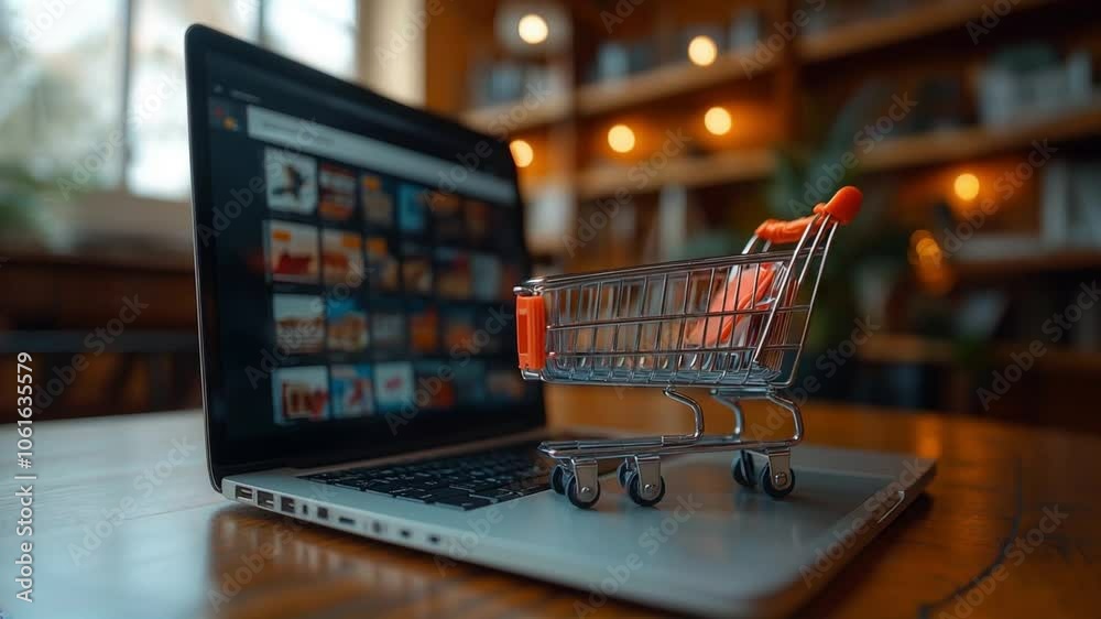 A small shopping cart sits on the keyboard of a laptop, with the screen displaying an online store. The image conveys the concept of online shopping. A small shopping cart sits on the keyboard of a laptop, with the screen displaying an online store. The image conveys the concept of online shopping.