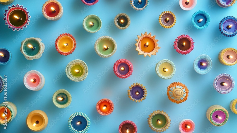 Colorful Diwali oil lamps arranged in a mandala pattern on a pastel blue background with copy space for a festival of light celebration banner, ,generative ai