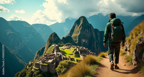 Photographer near Machu Picchu, Peru, in deep emerald and teal tones, a national geographic-style photo captured in 8k with Hasselblad X1D. photo