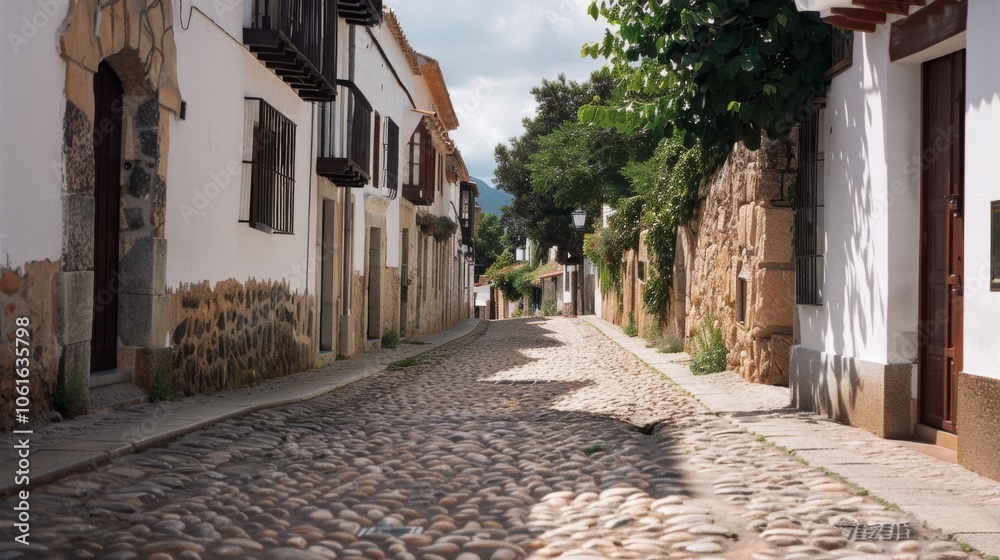 Obraz premium A quiet cobblestone street lined with whitewashed houses and lush greenery under a partly cloudy sky, evoking the charm of a quaint European village.