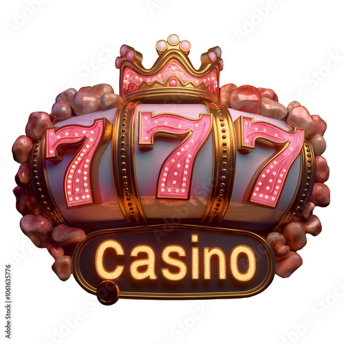 Gold crown sits atop the Casino Logo with Lucky pink sevens Jackpot 777 sparkles vibrant lights. Ai generated. Colorful PNG illustration.