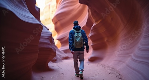 Naturalist male model hiking at Antelope Canyon, USA, featuring rich purples and lavenders, a soft-edged realistic shot captured in 8k with Hasselblad X1D. photo