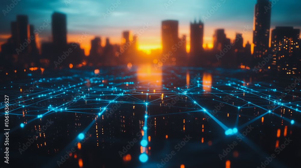 Fototapeta premium Smart digital city with connection cyber security network reciprocity over the cityscape . future smart wireless digital city and social media networking systems that connects people within the city
