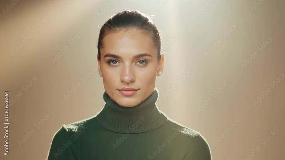 Confident woman in turtleneck with radiant lighting looking forward Confident woman in turtleneck with radiant lighting looking forward