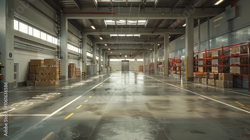 Spacious and organized interior of a modern warehouse facility with rows of shelving stacked boxes and crates and an efficient layout designed for optimal logistics and distribution