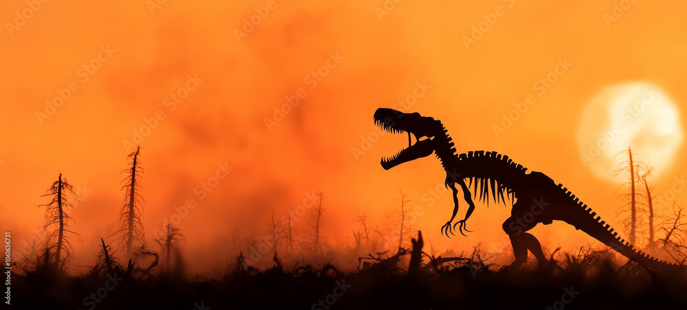 Naklejka premium Silhouette of dinosaur skeleton against sunset haunting reminder of extinction