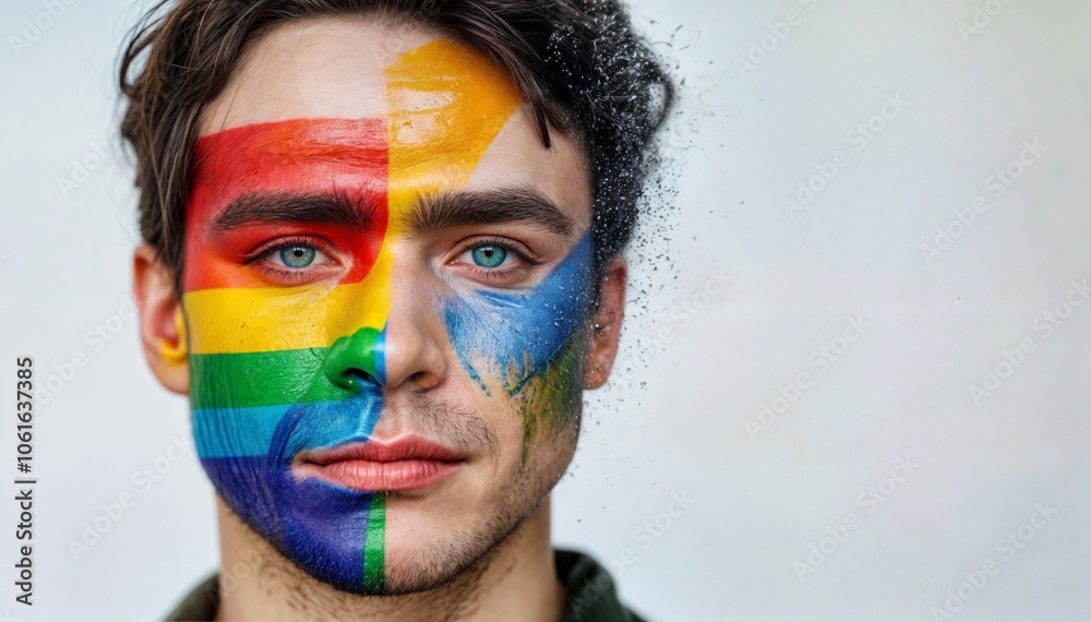 portrait of a person with a painted flag, close-up of a young man displaying pride colors on his face portrait of a person with a painted flag, close-up of a young man displaying pride colors on his face
