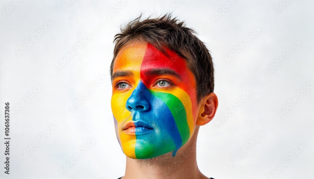 portrait of a person with a painted face, vibrant lgbt pride portrait featuring a non-smiling young man portrait of a person with a painted face, vibrant lgbt pride portrait featuring a non-smiling young man