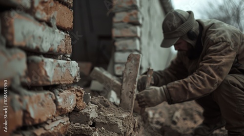 A dedicated worker repairs a weathered brick wall, showcasing craftsmanship and the enduring spirit of restoration under a muted sky.