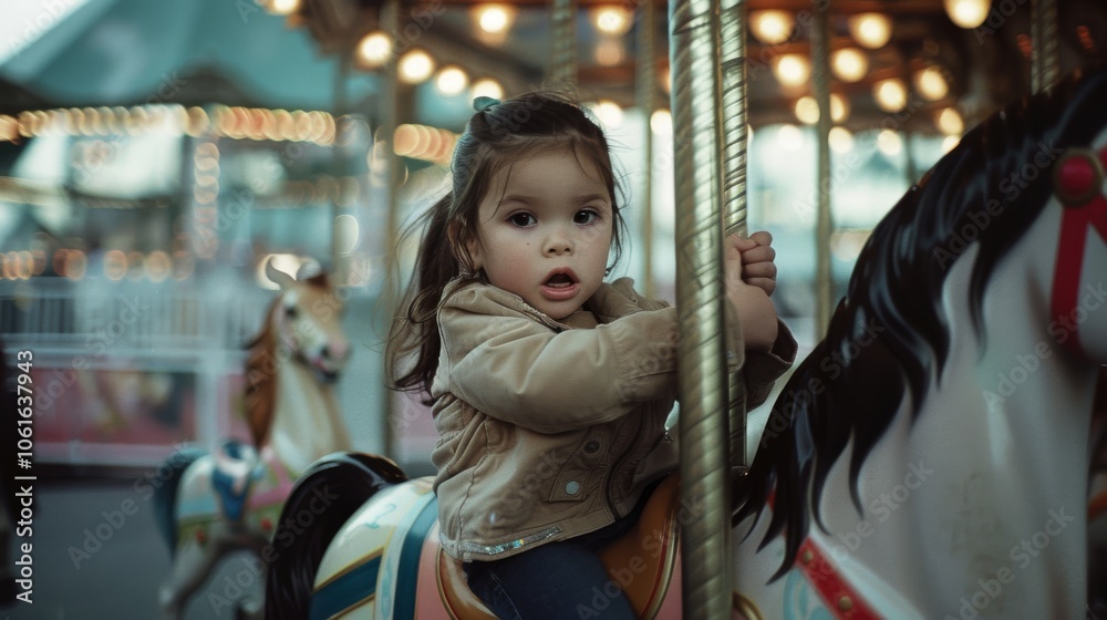 A young girl rides a carousel, her large eyes filled with wonder as she grips the pole, enveloped in the gentle glow of carnival lights. A young girl rides a carousel, her large eyes filled with wonder as she grips the pole, enveloped in the gentle glow of carnival lights.