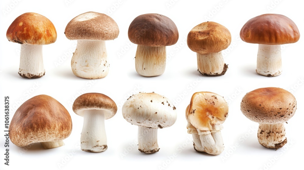 An assortment of fresh mushrooms isolated on a white background, perfect for culinary and dietary use. They represent nature's bounty, healthy eating, flavor, and variety. An assortment of fresh mushrooms isolated on a white background, perfect for culinary and dietary use. They represent nature's bounty, healthy eating, flavor, and variety.