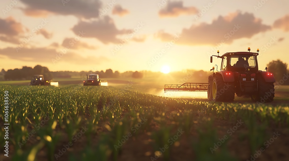 A tractor spraying a commercial farm using a mechanism A tractor spraying a commercial farm using a mechanism