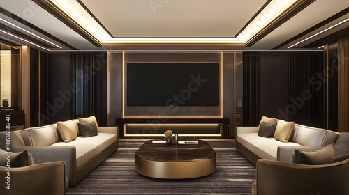 Luxury living room with a large flat screen TV, two sofas, and a coffee table.