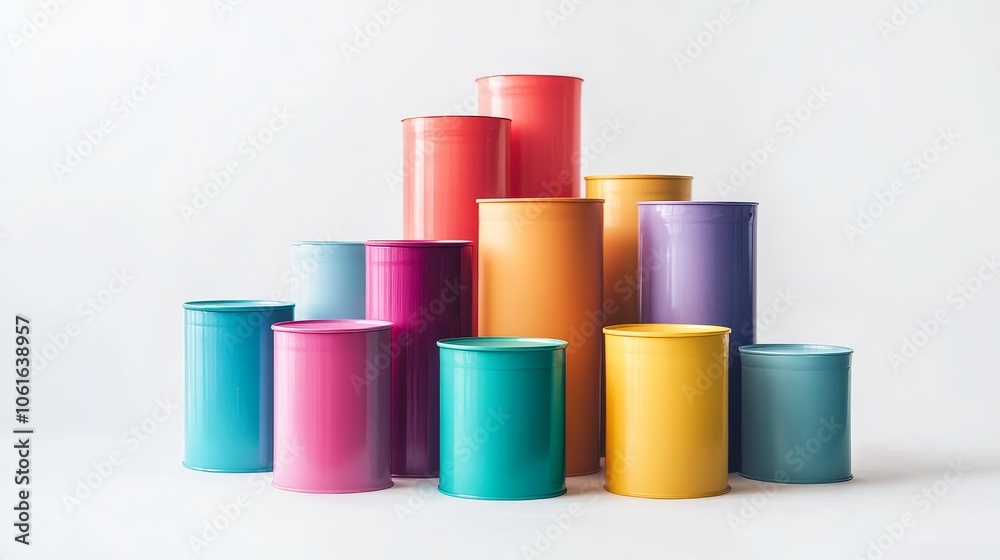 Colorful Cylindrical Containers Arranged in a Pyramid Shape, representing order, stability, and a variety of choices. Colorful Cylindrical Containers Arranged in a Pyramid Shape, representing order, stability, and a variety of choices.