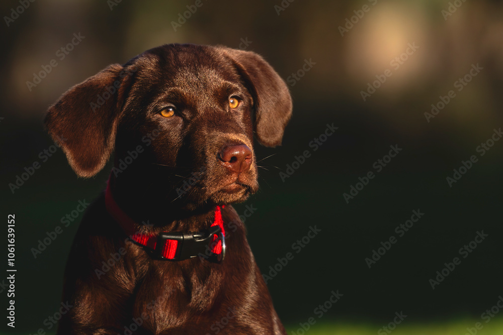 Fototapeta premium A portrait head and shoulders shot of Coco, a 12 week old Chocolate Labrador Retriever, sitting in her garden on a sunny winter's day, her colours accentuated by the low sun, and reflected in her eyes