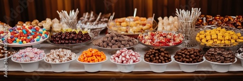 A beautiful spread of colorful candy, chocolates, and treats arranged on a buffet table for a special event or celebration. This visually appealing display is perfect for adding a touch of sweetness t photo