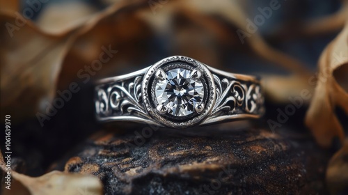 A stunning silver ring adorned with an intricate design and a sparkling diamond, symbolizing love, commitment, and elegance. photo