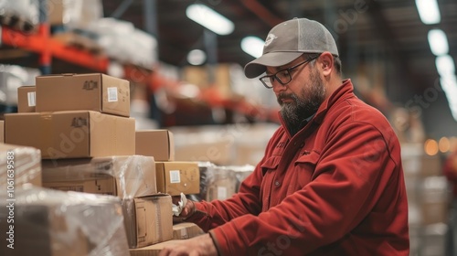 Bearded male warehouse worker in red uniform and cap organizing and handling cardboard boxes and parcels on shelves in distribution logistics center Efficiency