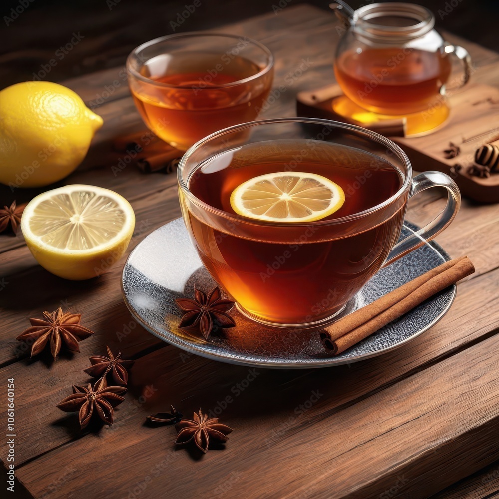 A cup of tea with lemon and spices on a wooden table A cup of tea with lemon and spices on a wooden table