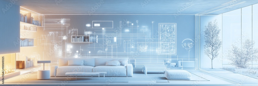 Futuristic blueprint of a modern home interior showcasing smart home technology and automation. The design features interconnected devices, energy efficiency, and a seamless integration of technology Futuristic blueprint of a modern home interior showcasing smart home technology and automation. The design features interconnected devices, energy efficiency, and a seamless integration of technology
