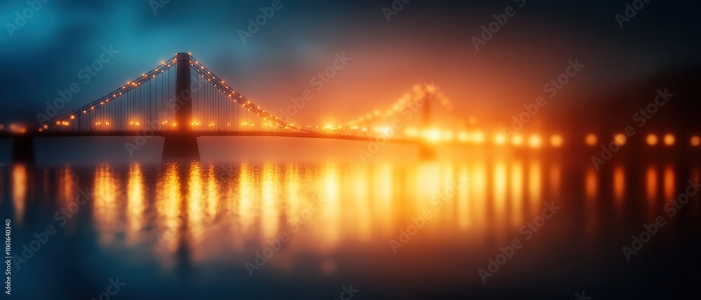 Fototapeta premium Illuminated bridge at night reflecting in calm waters, atmospheric and serene.