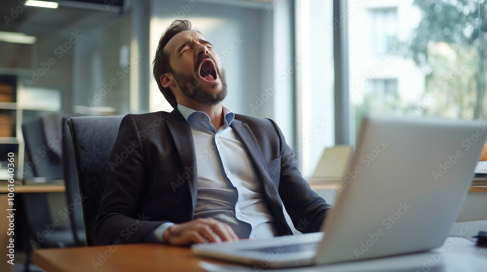 Exhausted businessman yawning office, weary tired work job employee, drained bored sleepy lazy business, overworked fatigued stressed, burnout exhausting corporate Exhausted businessman yawning office, weary tired work job employee, drained bored sleepy lazy business, overworked fatigued stressed, burnout exhausting corporate